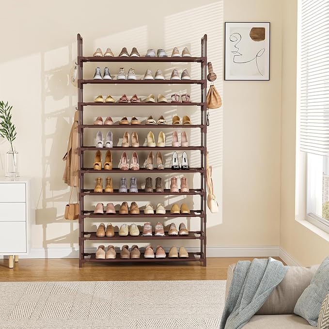 LANTEFUL Tall Shoe Rack 10 Tier Shoe Organizer Large Shoe Shelf with 18 Hooks Storage for 50 Pair Sneaker and Boot, Stackable Vertical Shoe Rack Organizer for Closet, Entryway, Bedroom, Brown - Image 7