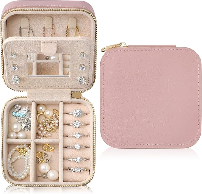 Genuine Leather Travel Jewelry Case Organizer with Mirror for Women, Small Jewelry Box Portable Mini Jewelry Case for Earring, Ring, Necklace, Bracelet(Pink) by NGVRC