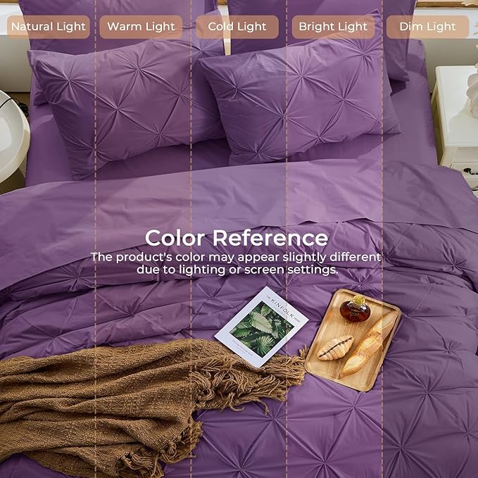 Sasttie Twin XL Comforter Set, 5-Piece Bed in a Bag, Pintuck Bedding Sets for All Season, Includes Comforter, Flat Sheet, Fitted Sheet, Pillowcase and Pillowsham, Grape Purple