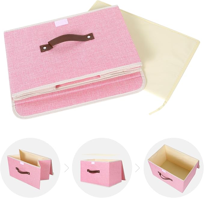 ANMINY Storage Bin with Lid Storage Boxes with PU Leather Handles PP Plastic Board Decorative Foldable Lidded Cotton Linen Fabric Home Cubes Baskets Closet Organizer Container - Pink, Large Size - Image 8