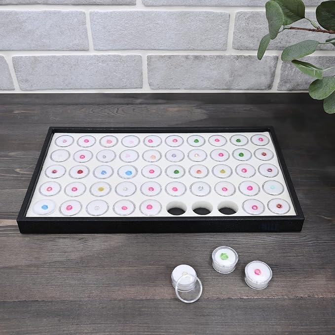 Ikee Design White Foam Gem Jars Showcase Stackable Display Tray for Collectibles, Home Organization Storage Box with 50 Gemstones and Bead Storage Jars, White Foam/Black Tray - Image 8