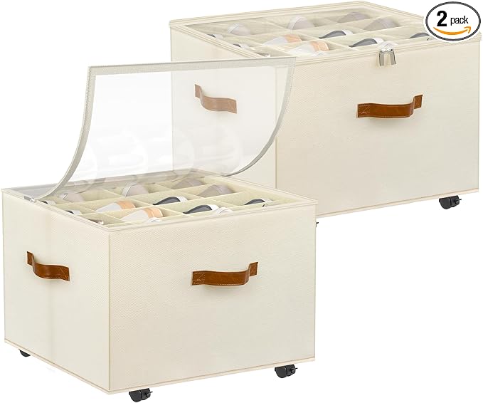 Shoe Organizer for Closet, 2 Pack Shoe Storage Organizer with Wheels and Adjustable Dividers, Stackable Shoe Storage Box with Clear Cover, Foldable Closet Shoe Organizer Fits up to 16-32 Pairs, Beige by Foyego