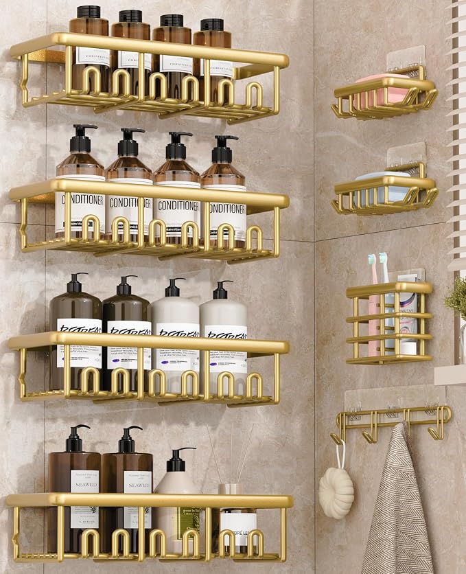 8 Pack Adhesive Rustproof Shower Shelves with Soap Dishes, Toothbrush Holder & Hooks, Large Capacity No-Drilling Shower Shelves Rack for Bathroom Organizers and Storage Accessories, Gold by Unknown