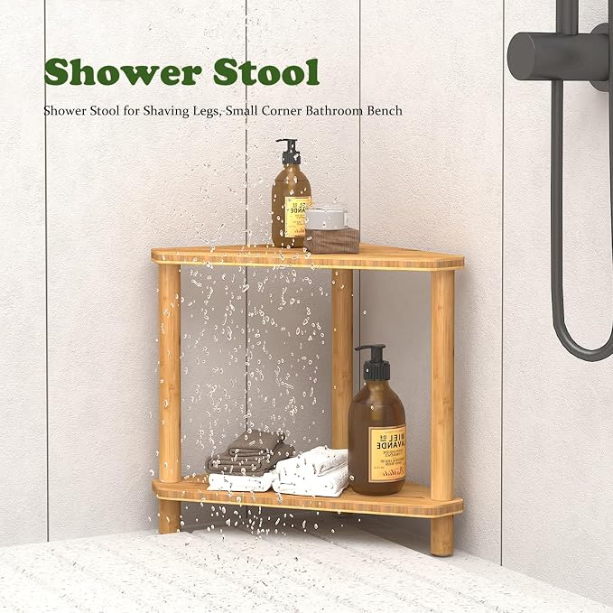 Bamboo Corner Shower Stool,2-Tier Waterproof Shower Stool for Inside Shower Shaving Leg,Small Spaces,Shower Foot Rest with Storage Shelf,Shower Bench,Bath Seat,Corner Nightstand gift for women mom - Image 5