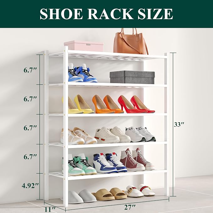 Smiry Shoe Rack, 5 Tier Bamboo Shoe Organizer, Stackable Free Standing Wooden Shoe Storage Shelf for Closet, Entryway, Front Door Entrance, White - Image 2