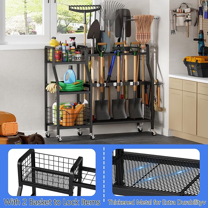 keomaisyto Garden Tool Organizer with 6 Wheels(3 lockable), Heavy Duty Yard Tool organizer with 2 Basket, Large Metal Garage Tool Organization and Storage for Garage/Shed/Yard/Broom Closet/Lawn - Image 4