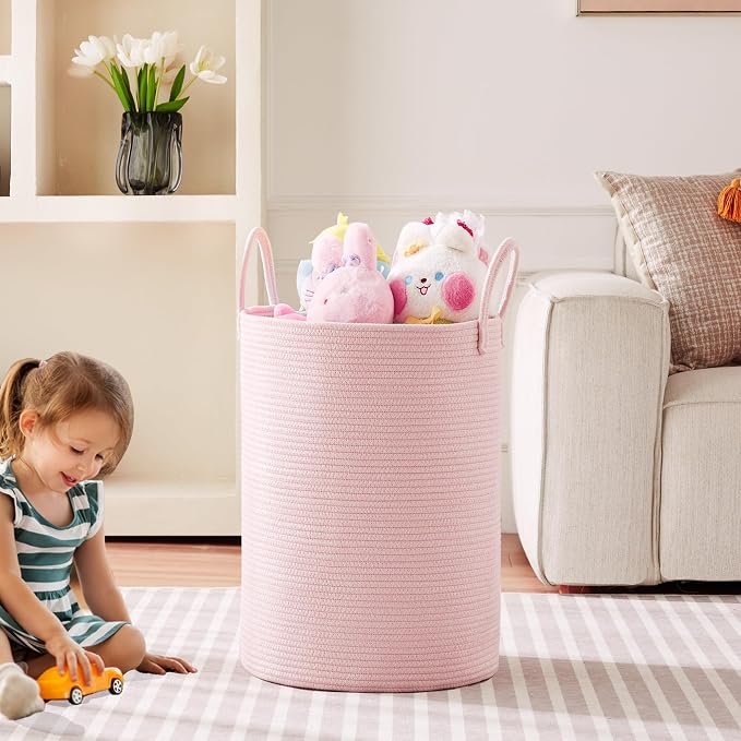 80L Extra Large Pink Hamper Laundry Basket for Baby Girls Tall Nursery Hamper for Kids Woven Rope Clothes Basket for Little Girls Room Bedroom Light Pink Kawaii 16"D x 22"H - Image 2