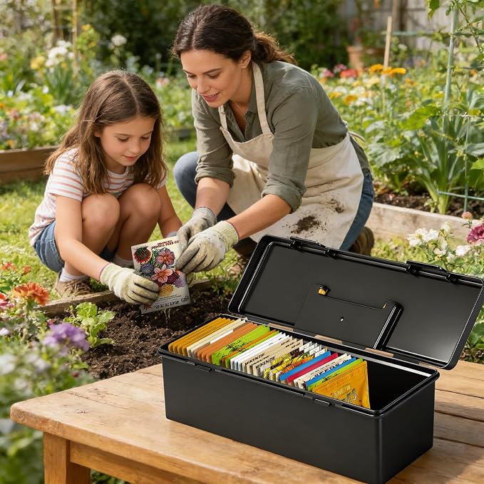 tutata Seed Packet Organizer Box Plastic Portable Seed Packet Storage Box, Seed Storage Organizer - Black - Image 6
