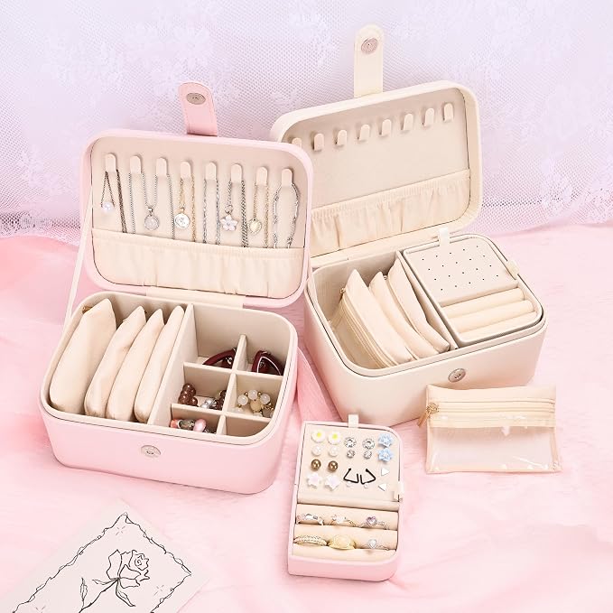 2 Layer Portable Jewelry Box, Large Jewelry Travel Case with 4 Jewelry Pouches, Medium Size Jewelry Organizer Box for Earrings, Necklaces, Bracelets (light pink) - Image 8