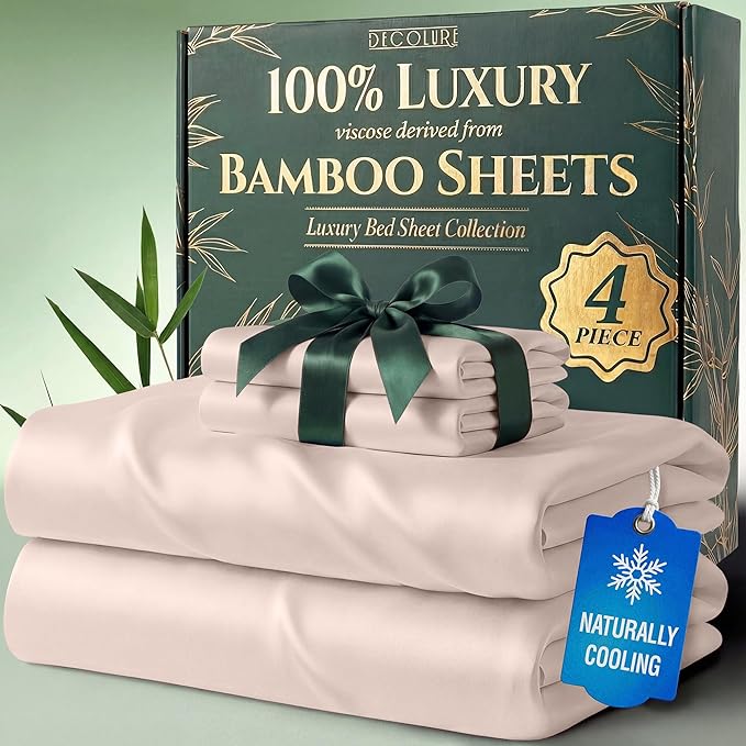 DECOLURE 100% Viscose Derived from Bamboo Sheets Twin Size - Luxury 4 Pc Naturally Cooling Sheets, Ultra Soft Bed Set - Deep 17" Pockets, Durable Double Stitching, Oeko Tex Standard (Light Pink)
