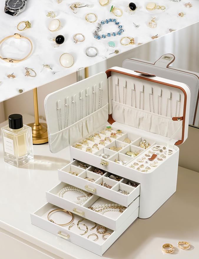 KAMIER Jewelry Boxes for Women, 4 Layer Jewelry Organizer with Mirror, 3 Drawers, Jewelry Storage Box, Christmas Gift, for Earring, Necklace, Bracelet, Ring, White - Image 4