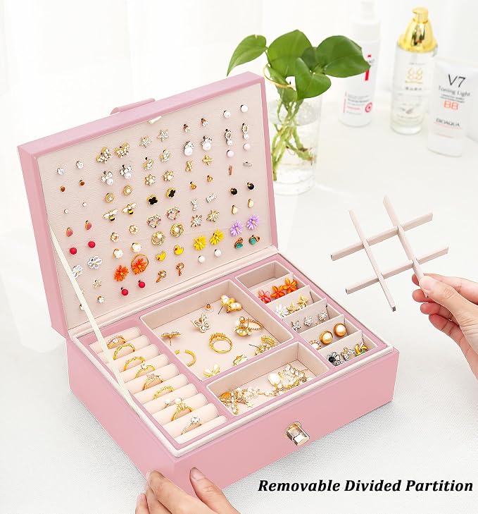QBestry Girls Jewelry Box Earring Holder Organizer for Girls Earring Organizer Teen Jewelry Box Organizer for Girl Pink jewelry Boxes for Earrings Necklaces Rings Stud Earrings Box Organizers Teens - Image 3