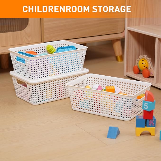 Plastic Storage Baskets With Lid, Storage Bins for Organizing, Stackable Decorative Containers for Shelves Drawers Desktop Closet Playroom Classroom Office, 8 Pack-White - Image 9