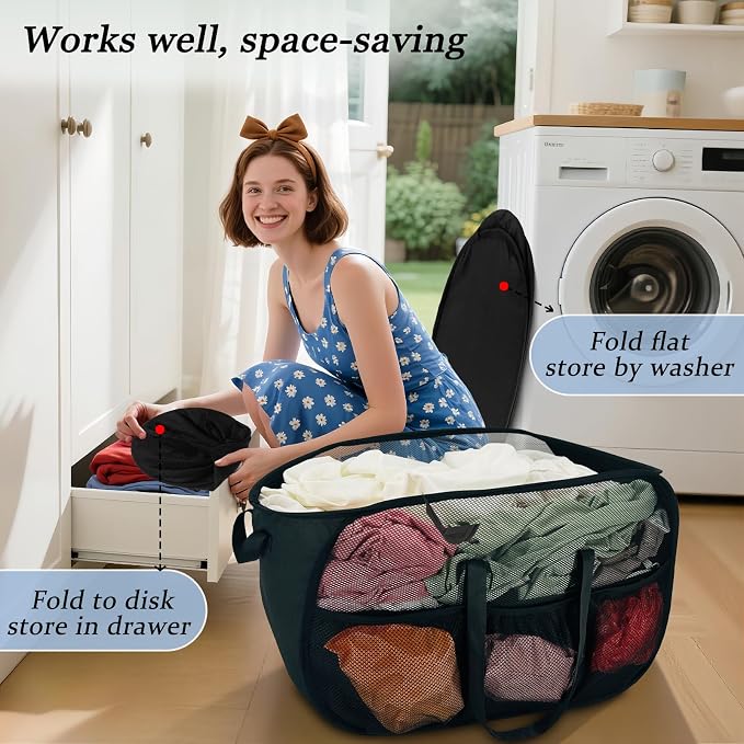 Upgraded Cationic XL Collapsible Laundry Baskets, 100L Extra Large Mesh Pop Up Hamper with Handles and bag, Portable Stair Basket, Dirty Clothes Hamper for Cruise Travel Bedroom. Black - Image 6