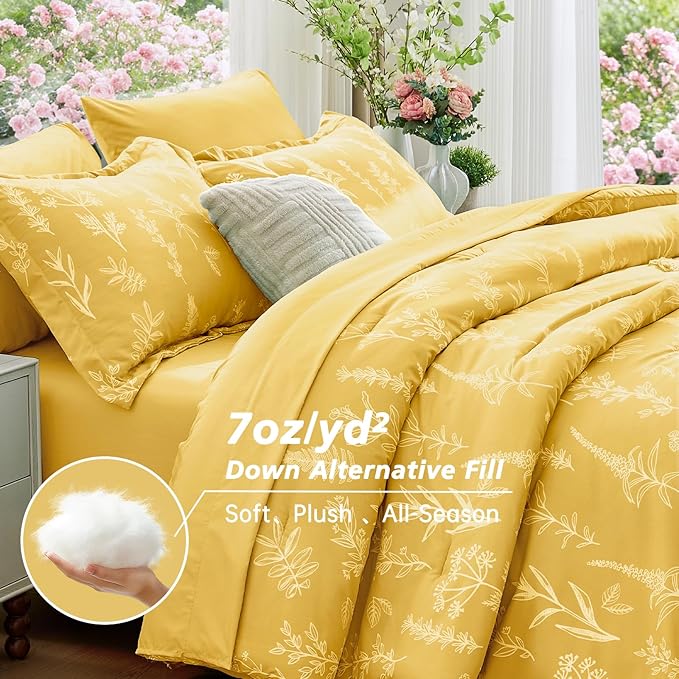MUXHOMO Bright Yellow Full Comforter Set, Elegant Floral Print Bed in a Bag 7 Pieces, Ultra Soft & Breathable Reversible Botanical Pattern Bedding Set with Comforter, Sheets, Pillowcases, and Shams