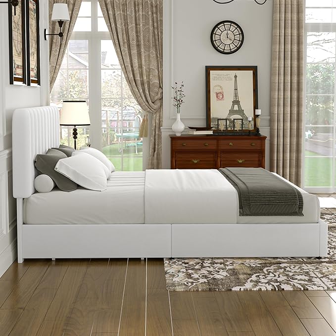 VECELO Full Size Upholstered Bed Frame with 4 Drawers and Headboard, Velvet Platform Storage Bedframe, Wooden Slats Support, No Box Spring Needed,Snow-White