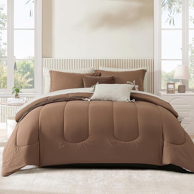 Monbix Queen Comforter Set - 7 Pieces Brown Bed in a Bag Queen Track Stitching Bedding Sets, All Seasons Comforter Bed Set with Sheets,Pillowcases & Shams
