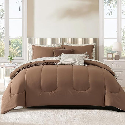 Monbix Queen Comforter Set - 7 Pieces Brown Bed in a Bag Queen Track Stitching Bedding Sets, All Seasons Comforter Bed Set with Sheets,Pillowcases & Shams