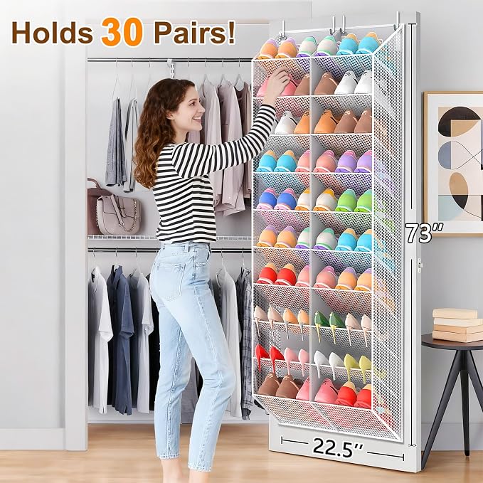 20-30 Pairs Over the Door Shoe Organizer, Breathable Mesh Pocket Hanging Shoe Storage for Closet, 10-Tier Door Shoes Rack, Handing Shoes Holder Fit All the Family's Sneakers, Boots, Heels, Light Grey - Image 4