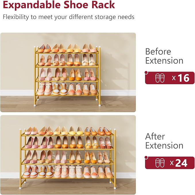 Tajsoon Expandable Shoe Rack for Closet 4 Tier, 29“-41“Adjustable & Stackable Shoe Shelf Storage, Metal Shoe Rack Organizer for Front Door Entrance, Closet, Garage, Entryway, Gold - Image 7