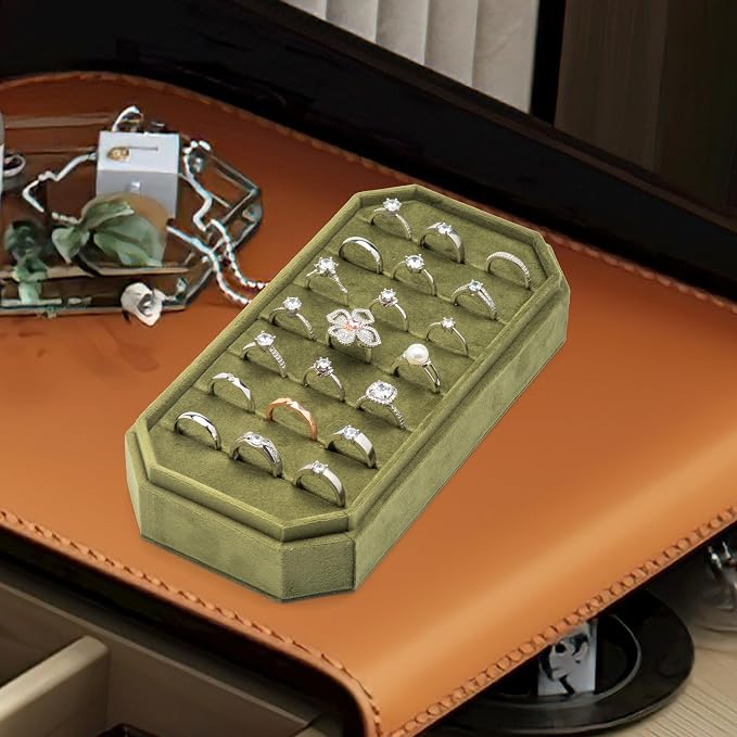 Velvet Ring Organizer Display Tray Jewelry Box Earring Holder Case for Wedding Birthday Christmas Day (Olive Green) - Image 6