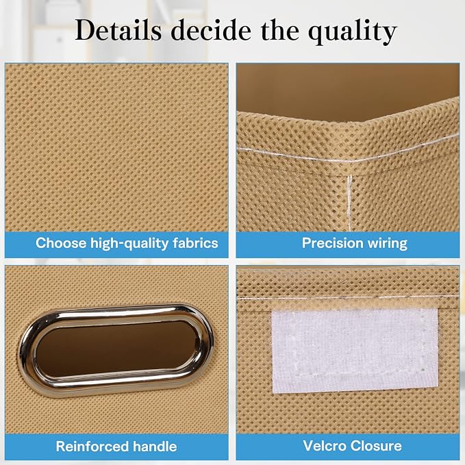 STOREONE Fabric Storage Cube Bins Foldable Organizer Container Collapsible Basket with Lids and Metal Handles, for Home, Bedroom, Closet 3 Pcs (Khaki) - Image 7