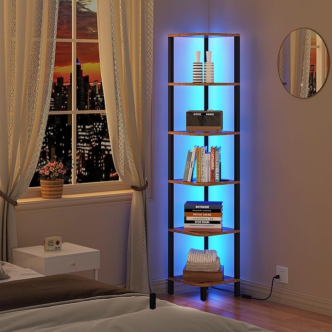 TUTOTAK Corner Shelf with LED Light, 6-Tier Corner Bookshelf for Small Space, Narrow Display Corner Shelf Stand with Storage Rack, for Living Room, Bedroom, Rustic Brown BS08BB006L by ChoosetutotakFurnitureBuildYourCozyHome