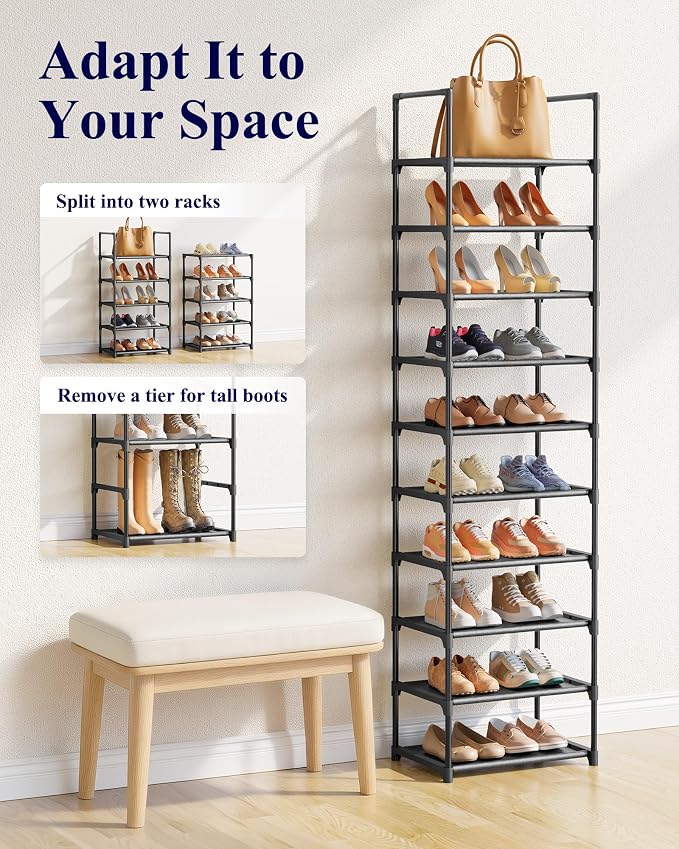 Kitsure Shoe Rack - 10-Tier Shoe Organizer with Detachable Fabric Shelves & Metal Frame, Tall Shoe Rack for Closet, Entryway, Living Room, 16.9" Wide - 10 Tier, Black - Image 7