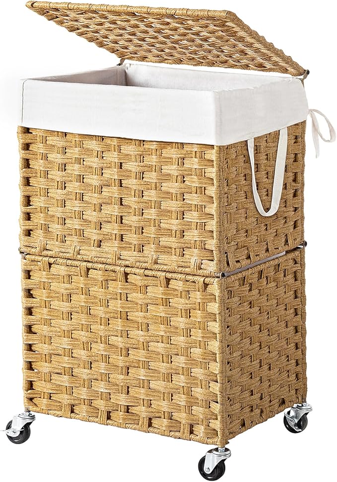 Chrislley 90L Slim Laundry Hamper with Wheels, Rolling Laundry Basket with Lid and Renovable Liner Bag, Handwoven Rattan Organizer for bedroom, bathroom, laundry room (Yellow) by Chrislley