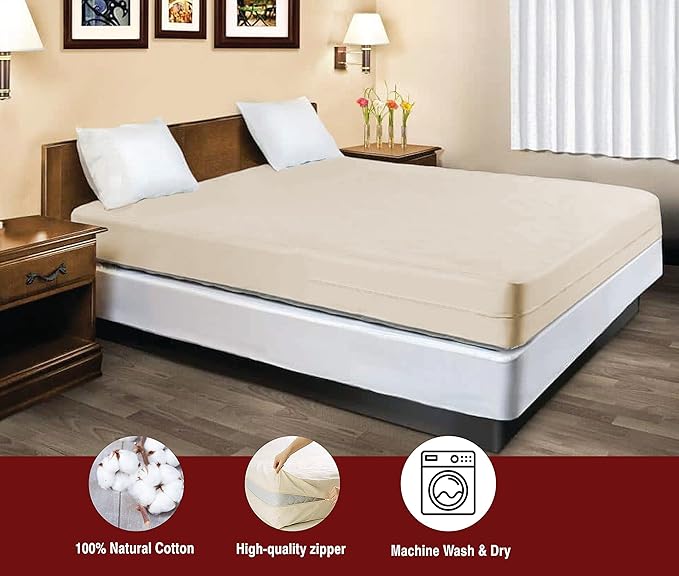 100% Natural Cotton Fleetwood Cotton Mattress Cover, Zips Around The Mattress (Beige, Twin XL)