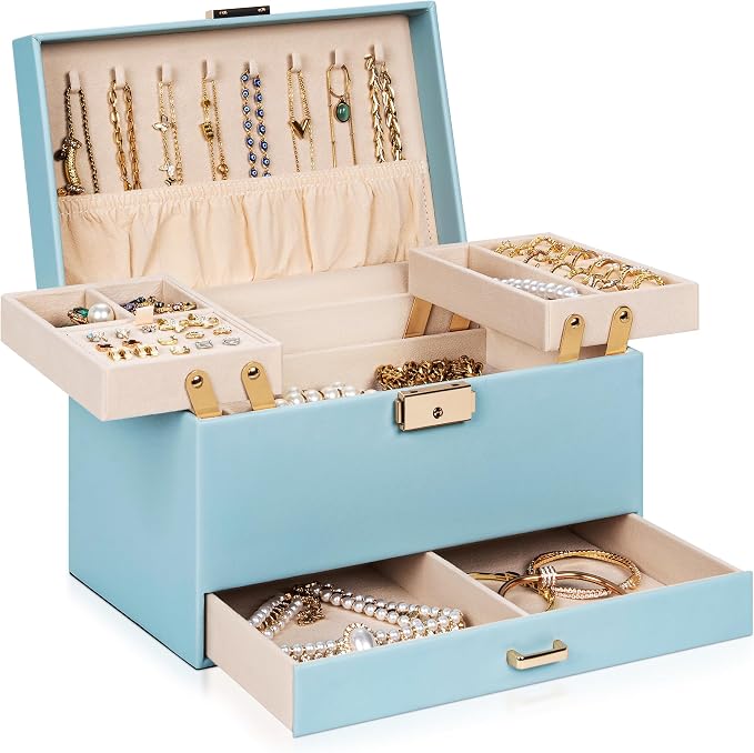 AKOZLIN Travel Jewelry Box Organizer Functional 2-trays Leather Jewelry Storage Case with Lockable Portable Drawer for Women Girls Ring Necklace Earring Bracelet by AKOZLIN