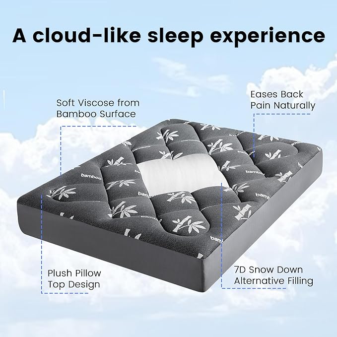 Mattress Topper Queen Size - Viscose Made from Bamboo Pillow Top Mattress Pad with Deep Pockets - Soft Mattress Topper for Back Pain Relief(60"x80",Black)