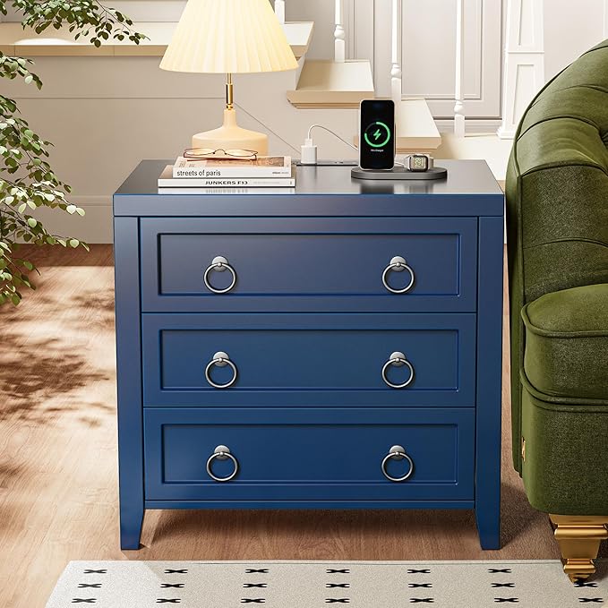 Huuger 23.6 Inch Night Stand with Charger Station and USB-C Port, 3 Drawer Nightstands Set of 2, Larger Wider Bedside Table, Modern End Table, for Bedroom, Blue Nightstand
