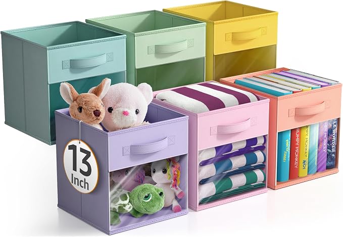 Sorbus 13 Inch Storage Bins with Clear Window - 6 Foldable Baskets for Organizing Clothes, Toys, Books - Sturdy Collapsible Fabric Storage Cubes with Handle - Storage Baskets for Shelves, Closets by Sorbus