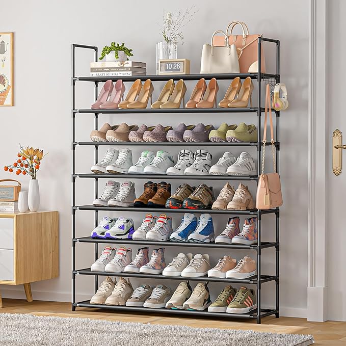 OYREL 8 Tier Shoe Organizer, 33.3in Wide x 11.2in Deep x 55.7in Tall, Black Metal and Plastic Shoe Rack, Holds up to 32-40 Pairs of Shoes - Image 4