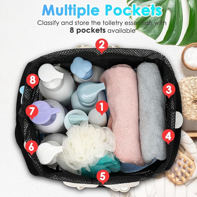 Fammart Mesh Shower Caddy Portable with Drawstring, Dorm Room Essentials for College Girls Guys, 8-Pocket Extra Large Shower Bag Basket Tote for Camping Beach Gym Travel Toiletry Bathroom - Image 4