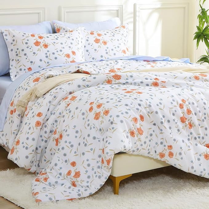 MUXHOMO Orange Blossom Bed in a Bag King 7 Pieces, King Comforter Set Reversible Botanical Flowers Design, Ultra Soft & Breathable Bedding Sets with Comforter, Sheets, Pillowcases & Shams