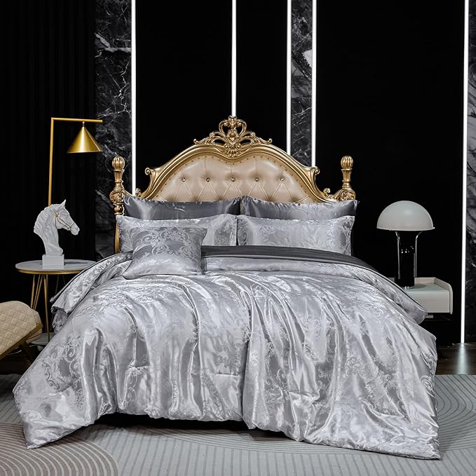 Jacquard Queen Comforter Set with Sheet Set Grey Bedding Set 8 Pcs Embroidery Neoclassical Floral Pattern Bed Home Decor Soft Down Comforter Luxury Hotel Silky Bed in a Bag with 1 Cushion Cover