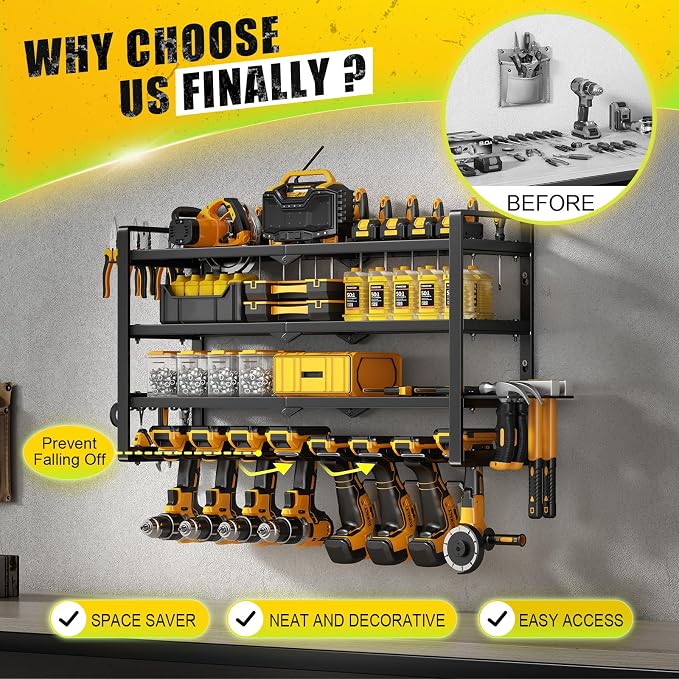Hipidian Power Tool Organizer Wall Mount - Storage Rack with 4 Drill Holders for Drills Cordless Tools. Heavy Duty Iron Garage Tool Organizer Storage for Workshop Shed (8 Slots 4 Layers) - Image 4