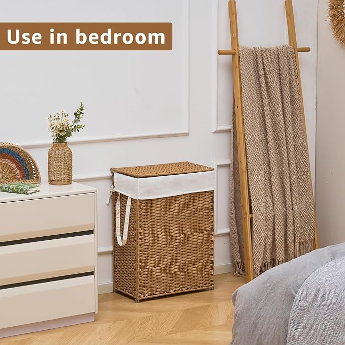 Slim Wicker Laundry Hamper with Lid, 75L Handwoven Rattan Basket with Handles, Narrow Laundry Basket with Removable Liner Bag & 2 Mesh Bags - Image 2