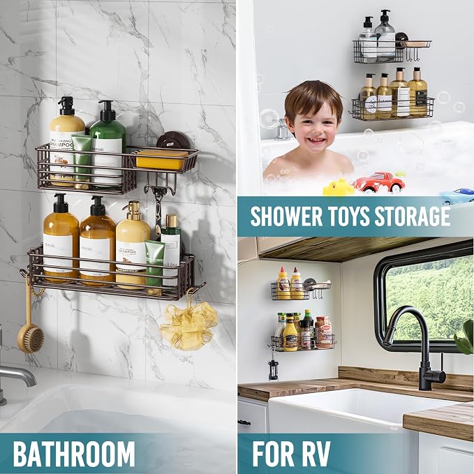 TAILI Shower Caddy Suction Cup 2 Pack with Hooks & Soap Holder, No Drilling Bathroom Organizer with Large Capacity, Heavy Duty Shower Organizer for Bathroom,Metal Storage Basket-Brown - Image 3