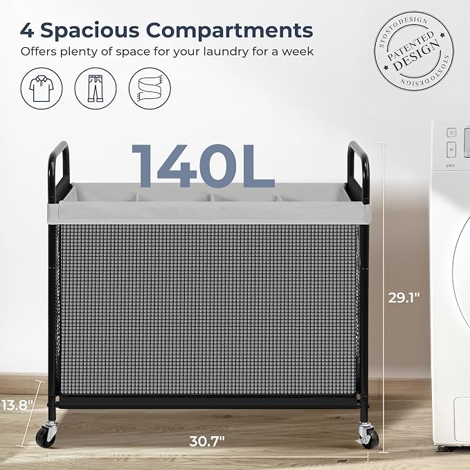 STO STO Laundry Hamper 4 Section, 140L Rolling Laundry Sorter Cart with Removable and Washable Liner Bag, Clothes Hamper with Wheels and Metal Handle for Laundry Room and Bedroom, Gray - Image 5