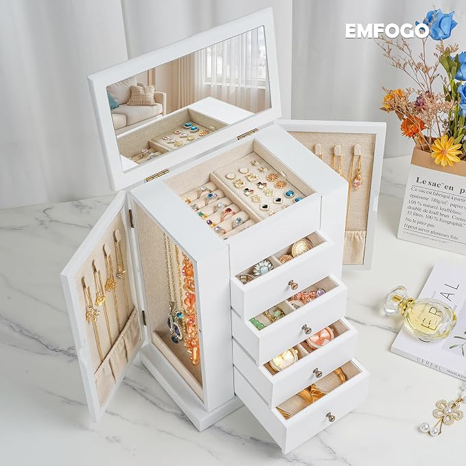 Emfogo Jewelry Box for Women, 5 Layer Large Wood Jewelry Boxes & Organizers for Necklaces Earrings Rings Bracelets, Rustic Jewelry Organizer Box with Rattan, Drawers and Mirror(Vintage White) - Image 2