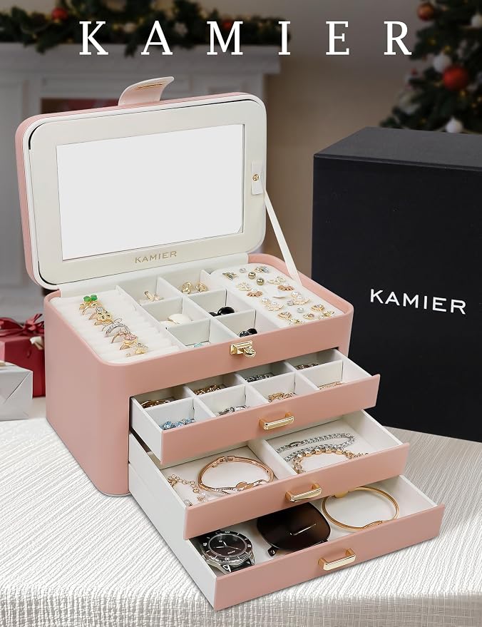 KAMIER Jewelry Organizer Box for Women - 4 Layer Drawer Jewellery Storage with Lock and Mirror - Jewelry Case for Necklaces Rings Bracelets Earring Holder Organizers (Pink) - Image 7