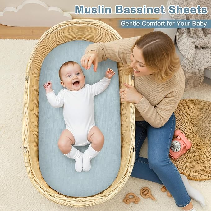 Basumee Muslin Bassinet Sheets for Baby Girl Boy 2 Pack Soft Breathable Baby Bedside Bassinet Fitted Sheets with Bottom Elastic Band Mattress Cover for Rectangle Oval Hourglass Bassinets