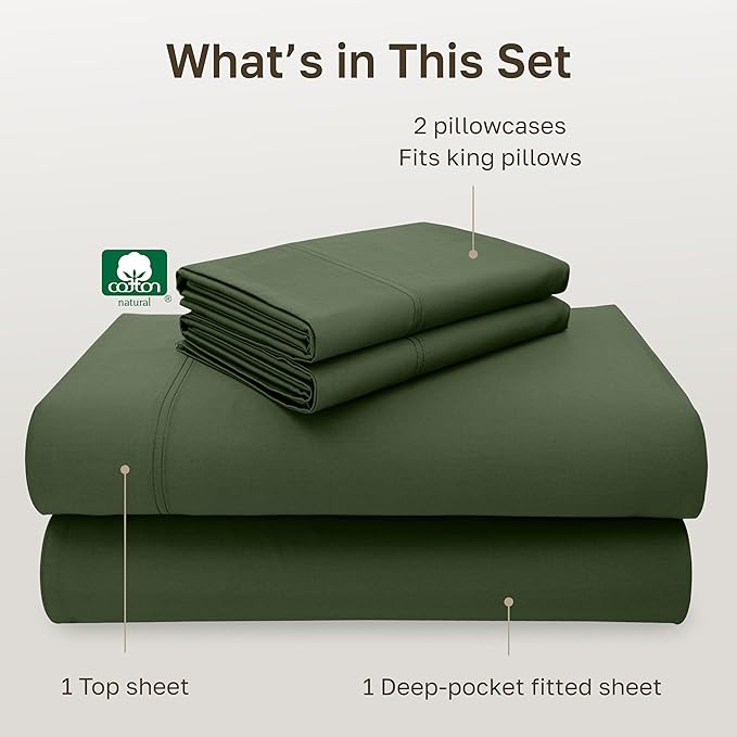 California Design Den California King Sheets Deep Pockets Set - Luxury 600 Thread Count 100% Cotton Sateen, California King Sheet Set, Durable Bedding - Dark Olive Green