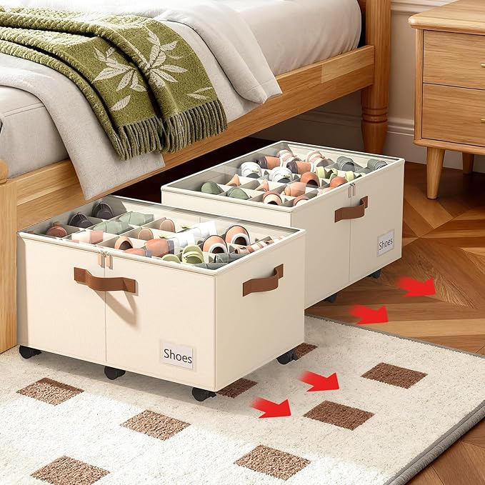 Foyego Shoe Organizer for Closet, Shoe Storage Organizer with Wheels and Adjustable Dividers, Stackable Shoe Storage Box with Clear Cover, Foldable Closet Shoe Organizer Fits up to 24-48 Pairs, Beige - Image 7