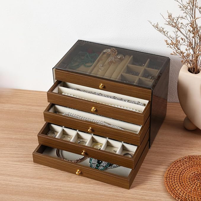 CLUQMEIK 5 Layer Large Wooden Jewelry Box with Acrylic Lid and Wooden Drawers, Stackable Jewelry Organizers and Storage Box for Women and Girls to Storing Rings Earrings Necklaces Bracelets - Image 6