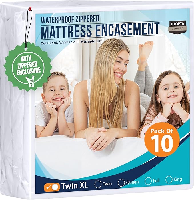 Twin XL Size Mattress Protector Zippered (Pack of 10), 100% Waterproof Bed Bug and Dust Mite Proof Mattress Encasement, Absorbent 6 Sided Mattress Cover by Utopia Bedding