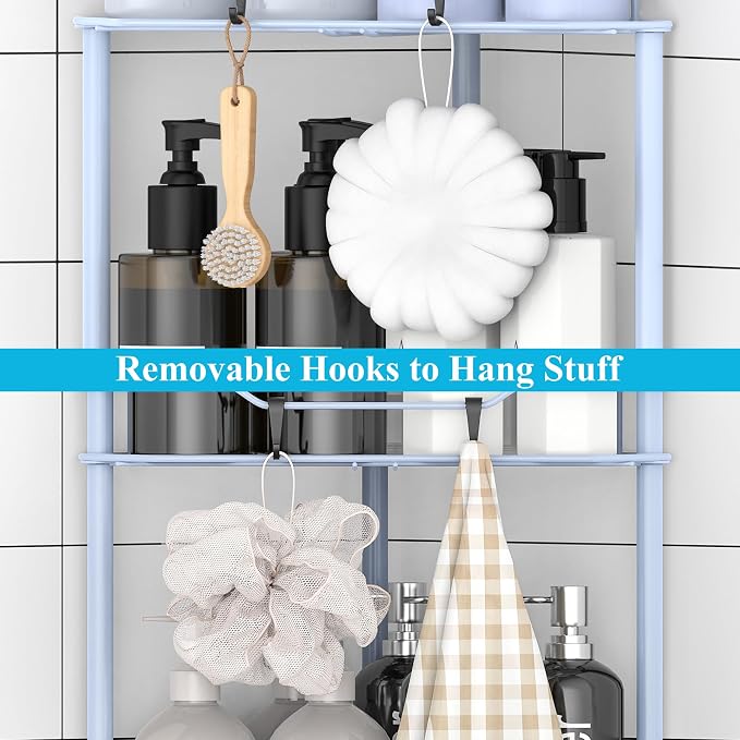 HuggieGems 3 Tier Floor Standing Corner Shower Caddy Organizer Shelf with Hooks, Bathroom Shelves Stand Rack, Blue - Image 5